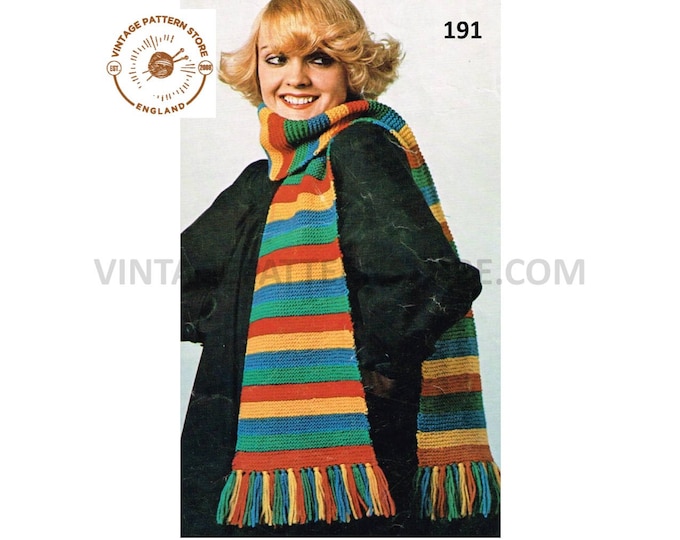 Ladies Womens 70s vintage easy to knit extra long striped fringed DK scarf pdf knitting pattern One Size Instant PDF Download 191