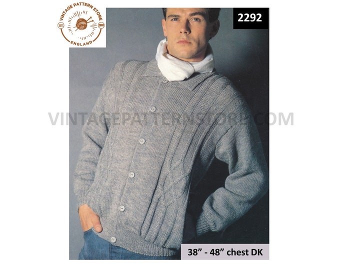 Mens Mans 90s round neck cabled cable panel drop shoulder DK dolman cardigan jacket pdf knitting pattern 38" to 48" chest PDF download 2292