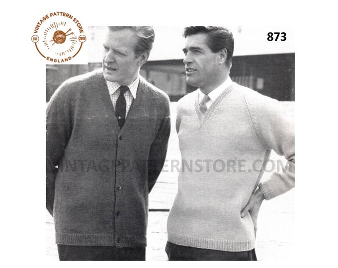 Mens Mans 50s vintage simple and easy to knit DK V neck raglan sweater jumper and cardigan pdf knitting pattern 36" to 44" PDF Download 873