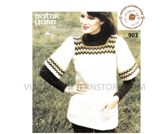 Ladies Womens 70s vintage fair isle square neck chunky knit tunic over sweater jumper pdf knitting pattern 34" to 38" chest PDF download 903
