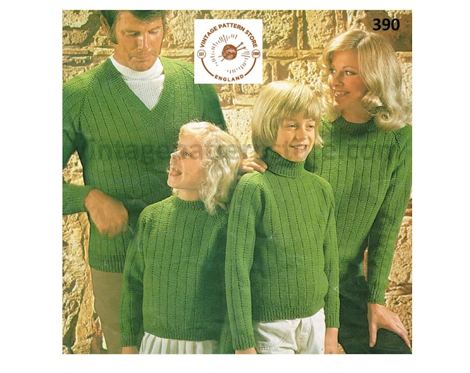 Ladies Womens Mens Boys Girls 70s family wide ribbed polo V crew neck raglan DK sweater jumper pdf knitting pattern 26" to 44" Download 390