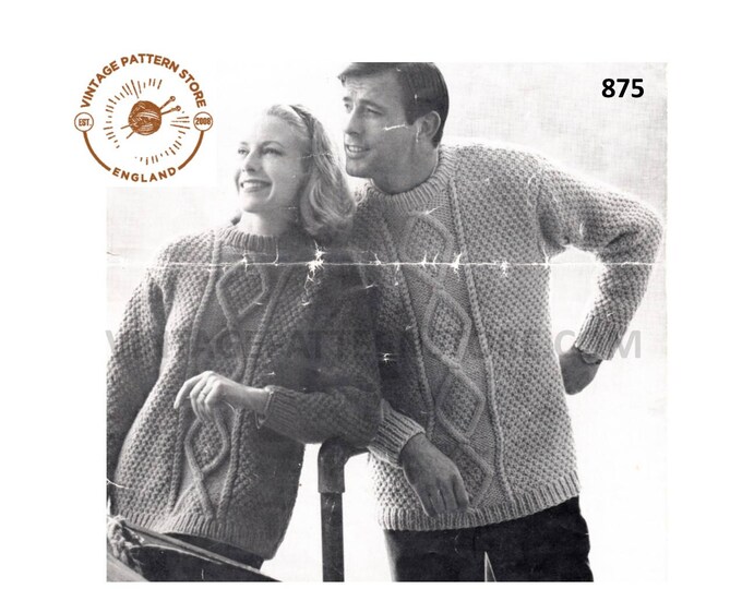 Ladies Womens Mens Mans 60s vintage crew neck cable & texture panel raglan aran sweater jumper pdf knitting pattern 34" to 42" Download 875