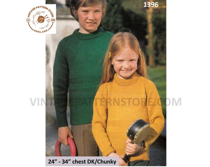 Boys Girls 70s vintage easy to knit plain & simple DK or chunky knit raglan sweater jumper pdf knitting pattern 24" to 34" PDF Download 1396