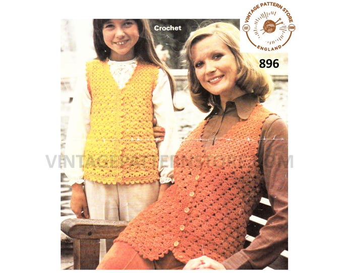 Ladies Womens Girls 70s vintage V neck bold lacy picot edge DK waistcoat pdf crochet pattern 24" to 38" chest Instant PDF download 896