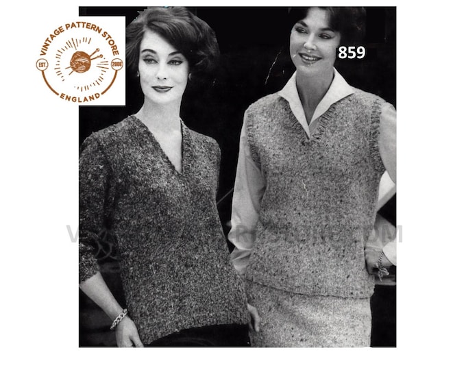 Ladies Womens 50s vintage simple & easy to knit V neck raglan aran sweater vest jumper and skirt pdf knitting pattern 34"  38" Download 859