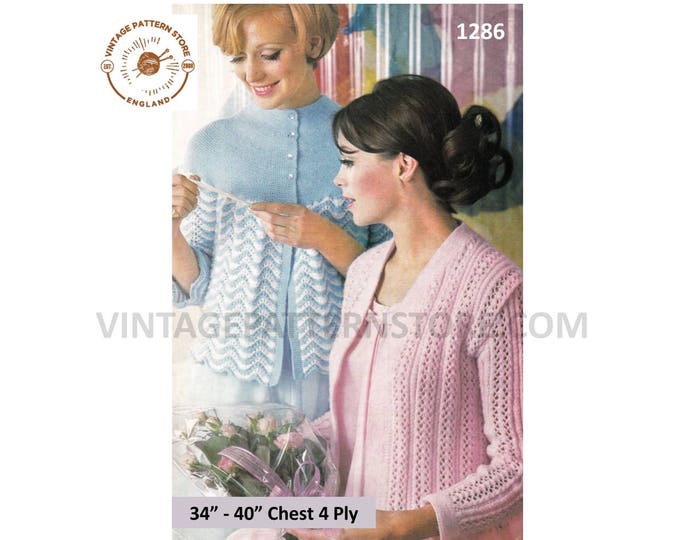 Ladies Womens 70s vintage 4 ply round neck lacy lace contrast yoke & V neck raglan bedjacket pdf knitting pattern 34" to 40" Download 1286