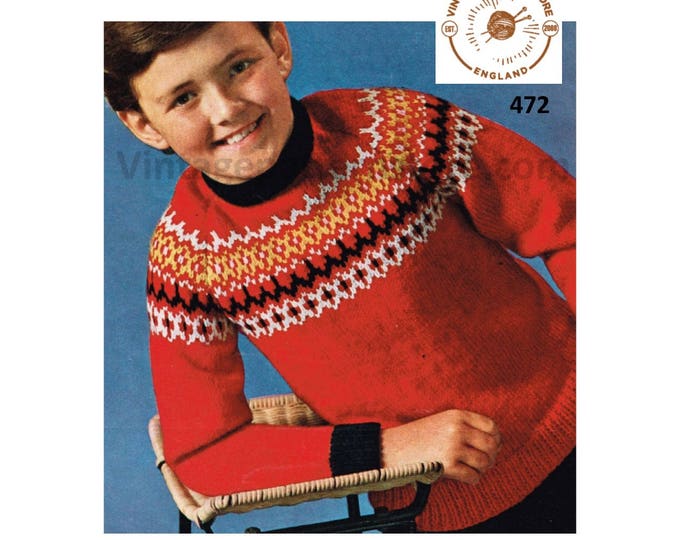 Boys 70s vintage fair isle yoke yoked crew neck DK raglan sweater jumper pullover pdf knitting pattern 26" to 30" chest PDF Download 472