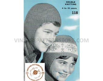 Boys Girls 60s vintage Christmas snowflake fair isle DK balaclava helmet pdf knitting pattern ages 4 to 15 years Instant PDF download 118