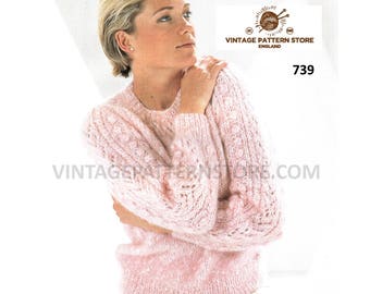 Ladies Womens 90s round neck bobble cable and lacy aran dolman sweater jumper pdf knitting pattern 28" to 42" chest Instant PDF Download 739