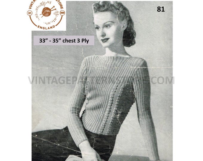 Ladies Womens 40s vintage 3 ply slash neck cable cabled rib ribbed raglan sweater jumper pdf knitting pattern 33" to 35" chest download 81