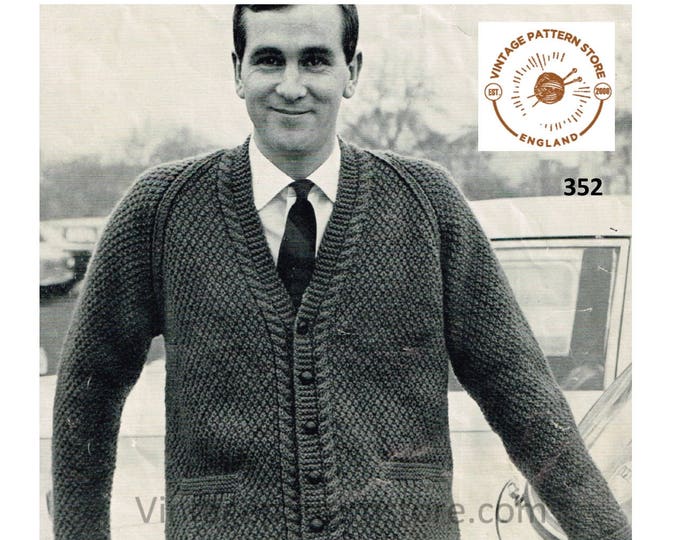 Mens Mans 50s vintage cabled cable edge V neck chunky knit textured raglan cardigan jacket pdf knitting pattern 38" to 44" PDF Download 352