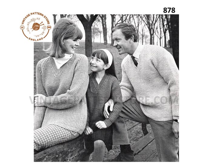 Womens Ladies Mens Girls Boys 60s vintage easy to knit DK V neck raglan sweater jumper pdf knitting pattern 28" to 44" chest Download 878