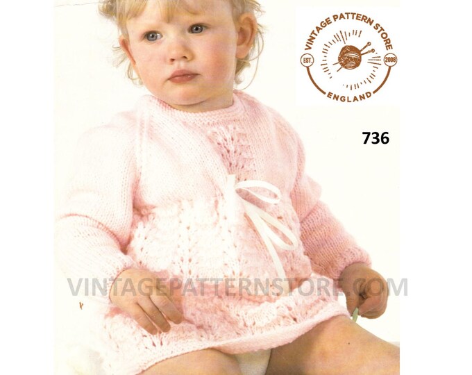 Baby Babies Toddlers 90s DK round neck scallop lace lacy long sleeve raglan dress pdf knitting pattern 16" to 22" chest Instant Download 736