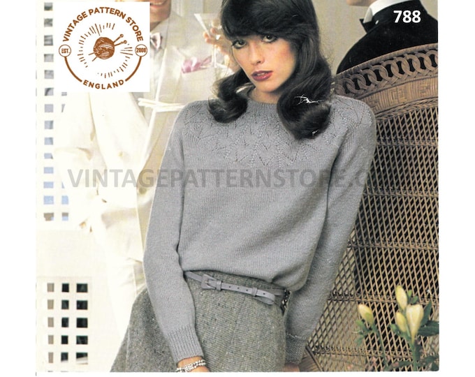 Ladies Womens 80s vintage round neck lacy yoke 4 ply raglan sweater jumper pullover pdf knitting pattern 32" to 40" chest PDF download 788