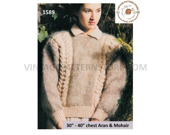 Womens Ladies 90s round neck collared cable cabled drop shoulder mohair & aran sweater jumper pdf knitting pattern 30" to 40" Download 1589