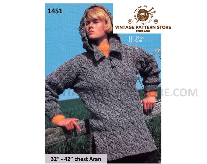 Ladies Womens 90s shirt neck cable cabled raglan aran hoodie sweater jumper pdf knitting pattern 32" to 42" chest Instant PDF Download 1451