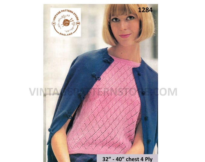 Ladies Womens 70s 4 ply twin set eyelet lace slipover summer top & round neck raglan cardigan pdf knitting pattern 32" to 40" download 1284