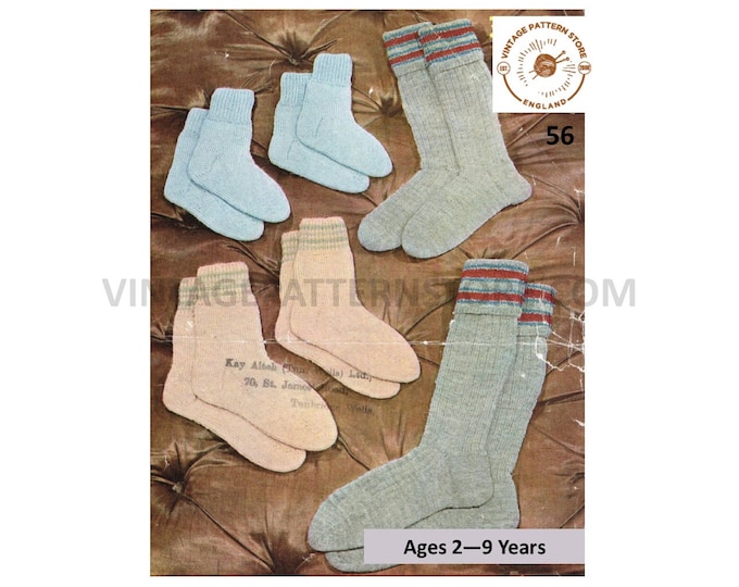 Childrens Boys Girls 40s vintage 3 ply socks and turnover stockings pdf knitting pattern ages 2 to 9 years Instant PDF Download 56