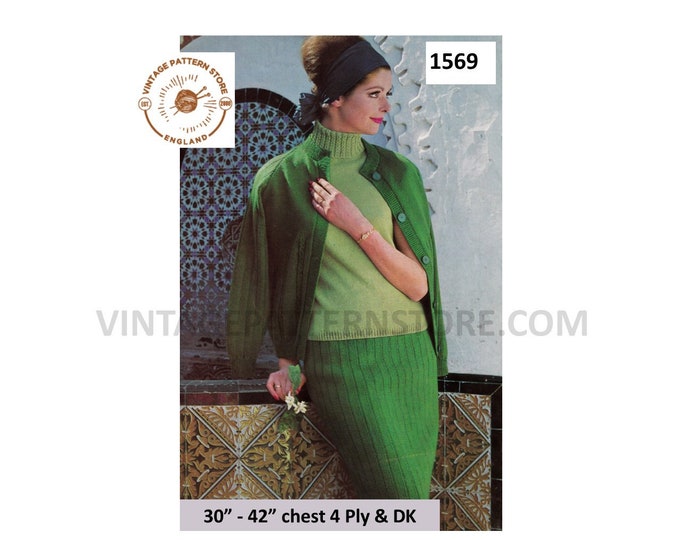 Womens Ladies 60s vintage 4 ply polo neck cable cabled sweater and DK cardigan & skirt pdf knitting pattern 30" to 42" bust Download 1569
