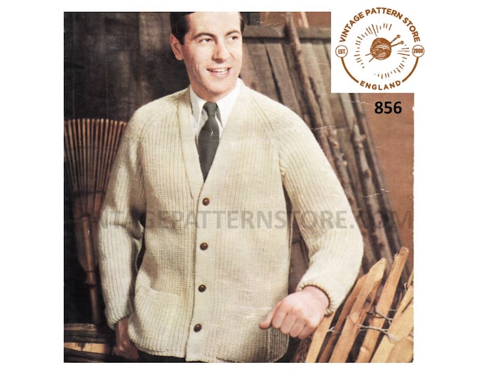 Mens Mans 50s vintage plain simple quick & easy to knit V neck DK raglan cardigan pdf knitting pattern 38" to 44" chest Instant download 856