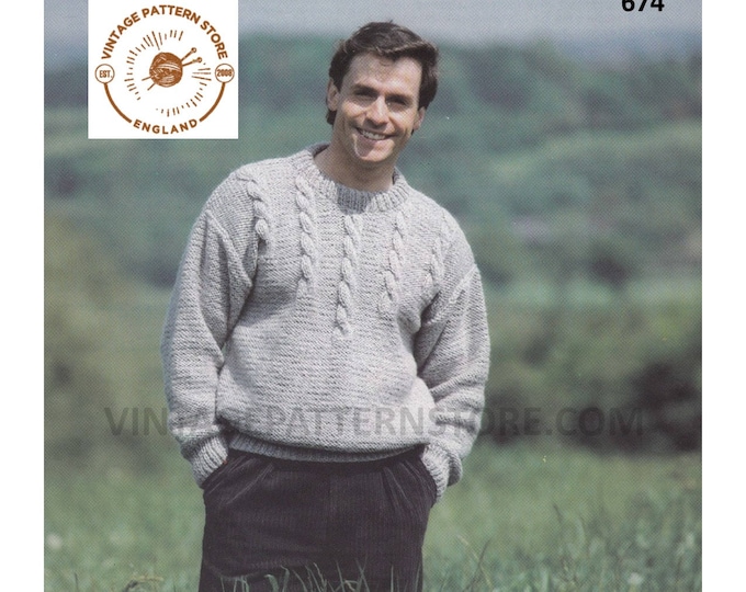 Mens Mans 90s chunky knit crew neck cabled twist cable yoke drop shoulder dolman sweater jumper pdf knitting pattern 32" to 46" download 674