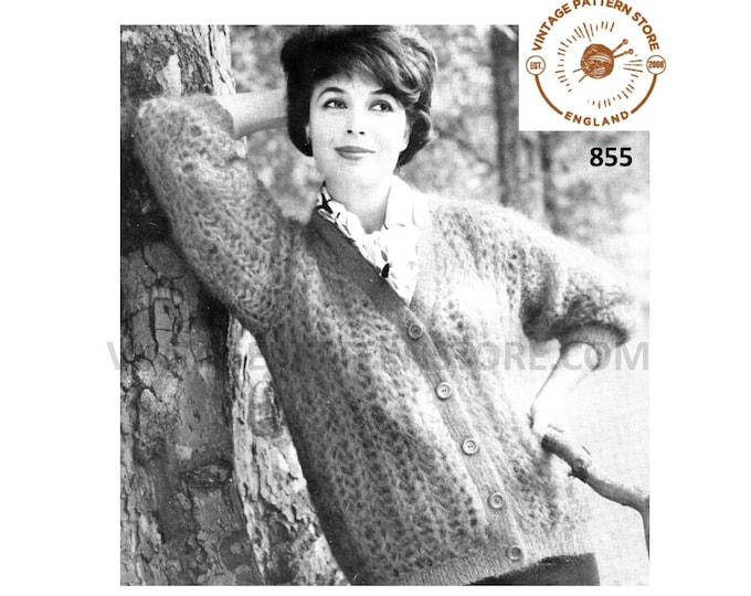 Ladies Womens 50s vintage easy to knit V neck mohair or aran raglan cardigan pdf knitting pattern 34" to 36" chest Instant PDF download 855