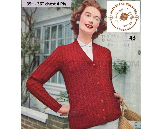 Ladies Womens 50s vintage V neck 4 ply cable cabled raglan cardigan pdf knitting pattern 33" to 36" chest Instant PDF Download 43
