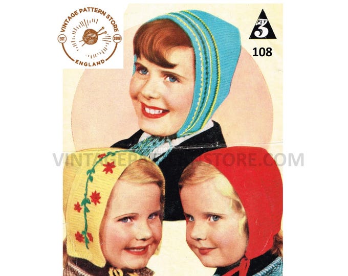 Girls 60s vintage retro 3 ply floral embroidered plain & striped Dutch bonnet pdf knitting pattern ages 2 to 12 years Instant download 108