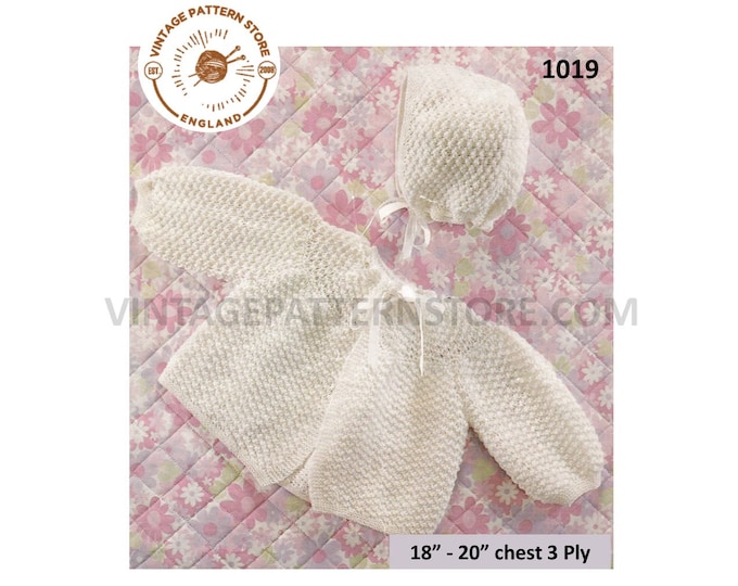 Baby Babies 70s vintage 3 ply textured ribbon tie matinee coat and bonnet pdf knitting pattern 18" to 20" chest Instant PDF download 1019