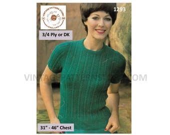 Ladies Womens 70s cabled cable ribbed short sleeve DK 3 ply 4 ply raglan Summer sweater jumper pdf knitting pattern 31" to 46" Download 1293