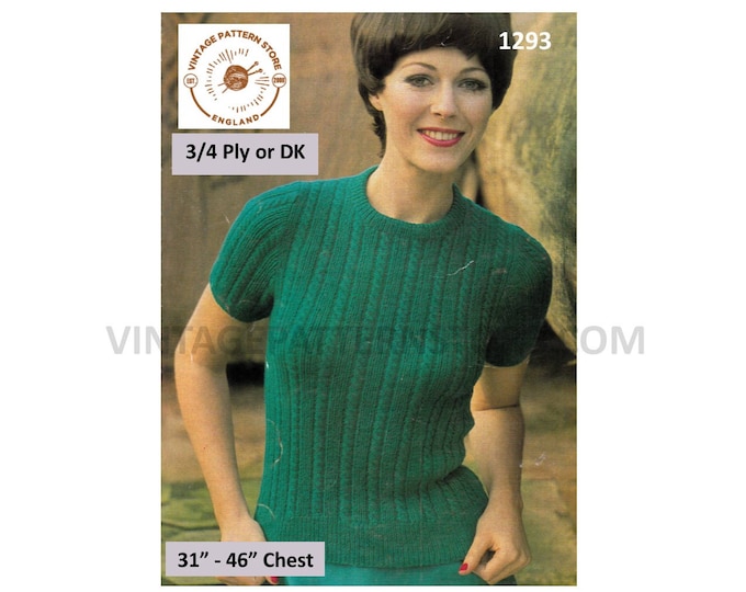 Ladies Womens 70s cabled cable ribbed short sleeve DK 3 ply 4 ply raglan Summer sweater jumper pdf knitting pattern 31" to 46" Download 1293