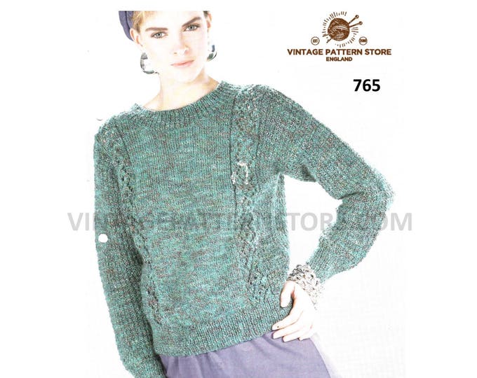 Ladies Womens 90s DK round neck eyelet lace panel lacy drop shoulder raglan sweater jumper pdf knitting pattern 30" to 44" Download 765