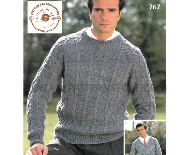 Mens Mans 90s V or round neck cable cabled raglan DK sweater jumper pdf knitting pattern 36" to 48" chest Instant PDF download 767