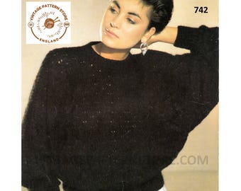 Ladies Womens 90s plain and simple easy to knit round neck DK batwing sweater jumper pdf knitting pattern 30" to 44" chest PDF download 742