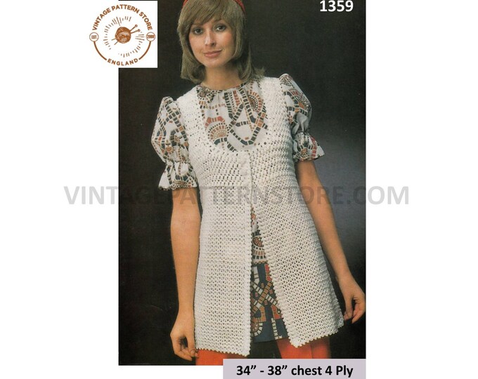 Ladies Womens 70s vintage 4 ply scoop neck lacy long line waistcoat sleeveless cardigan pdf crochet pattern 34" to 38" Download 1359