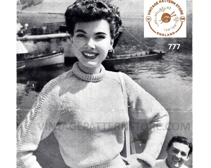 Ladies Womens Mens 50s vintage DK turtleneck polo neck cable cabled raglan sweater jumper pdf knitting pattern 34" to 42" chest Download 777