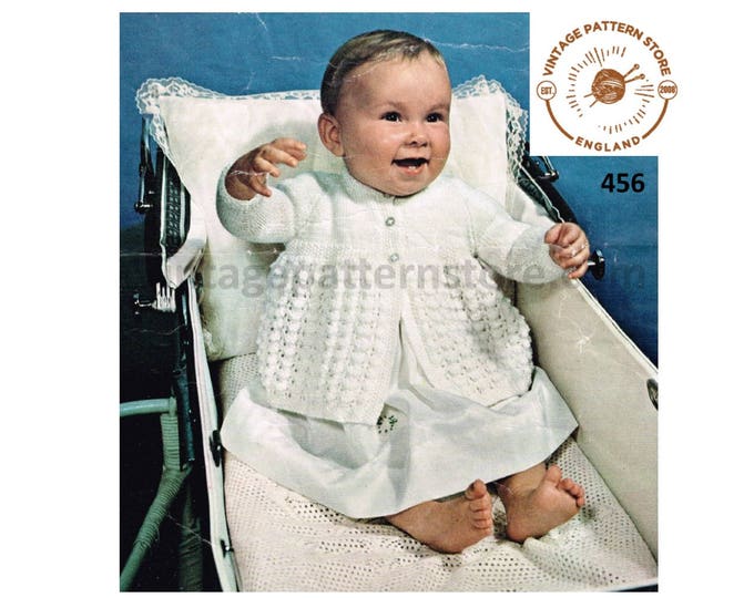 Baby Babies 50s vintage 4 ply round neck cable cabled raglan matinee coat jacket pdf knitting pattern 18" to 19" chest Download 456