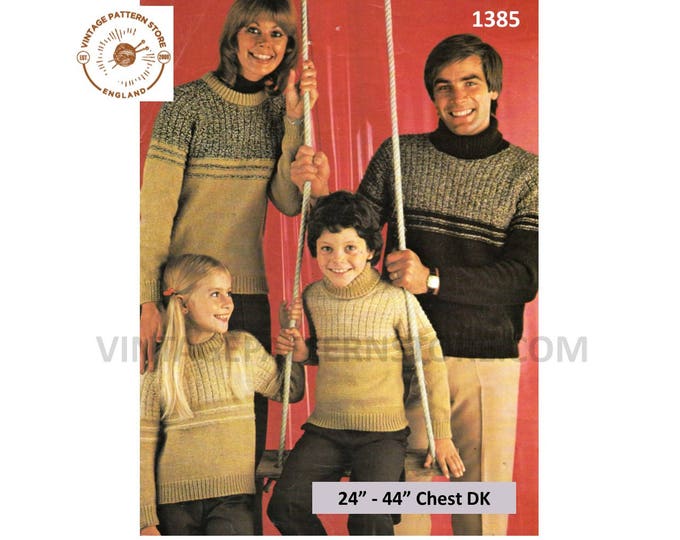 Ladies Womens Mens Boys Girls 70s DK polo or round neck contrast yoke raglan sweater jumper pdf knitting pattern 24" to 44" Download 1385