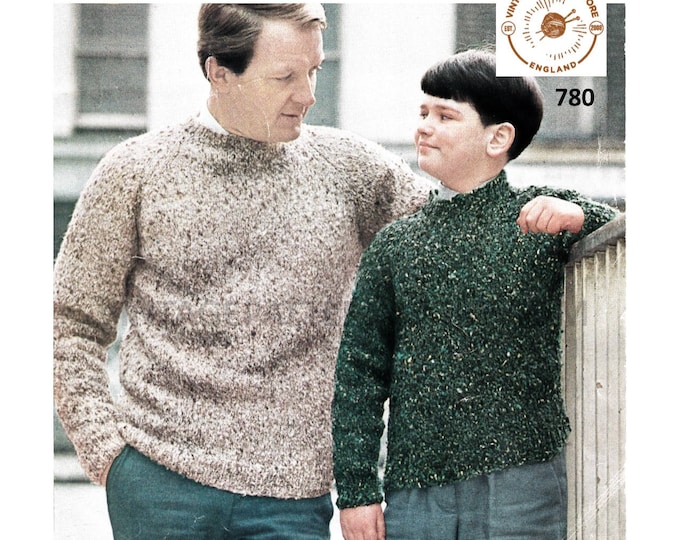 Mens Mans Boys 50s crew neck plain and simple easy to knit raglan ran sweater jumper pdf knitting pattern 30" to 46" chest PDF download 780