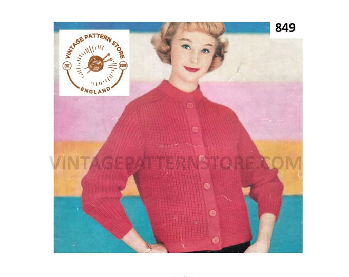 Ladies Womens 50s vintage simple and easy to knit crew neck raglan DK cardigan pdf knitting pattern  34" to 38" chest PDF download 849
