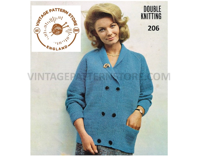Ladies Womens 60s vintage shawl collar double breasted DK raglan jacket coat pdf knitting pattern 34" to 40" chest Instant PDF Download 206