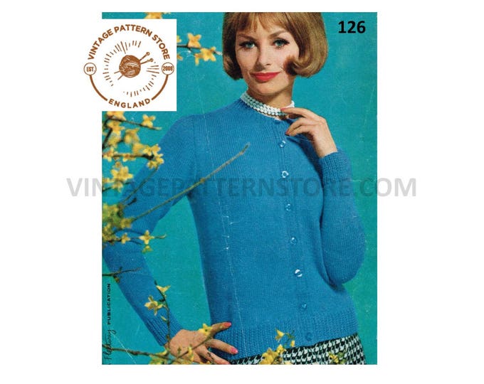 Ladies Womens 60s vintage plain and simple easy to knit DK or 3 ply round neck raglan cardigan pdf knitting pattern 32" to 44" Download 126