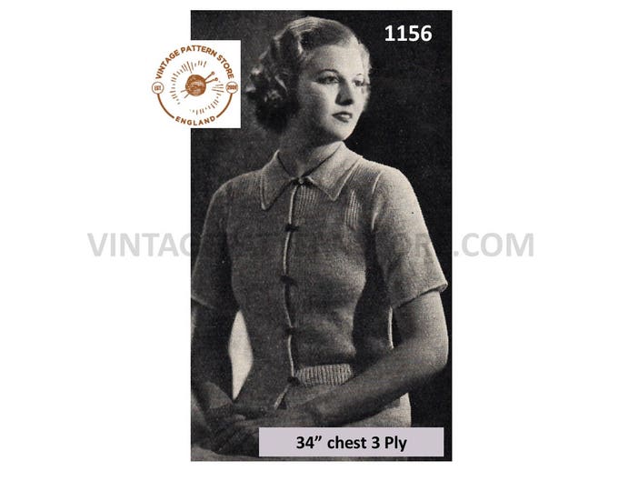 Ladies Womens 30s vintage 3 ply short sleeve ribbed rib yoke collared raglan Summer cardigan pdf knitting pattern 34" chest Download 1156
