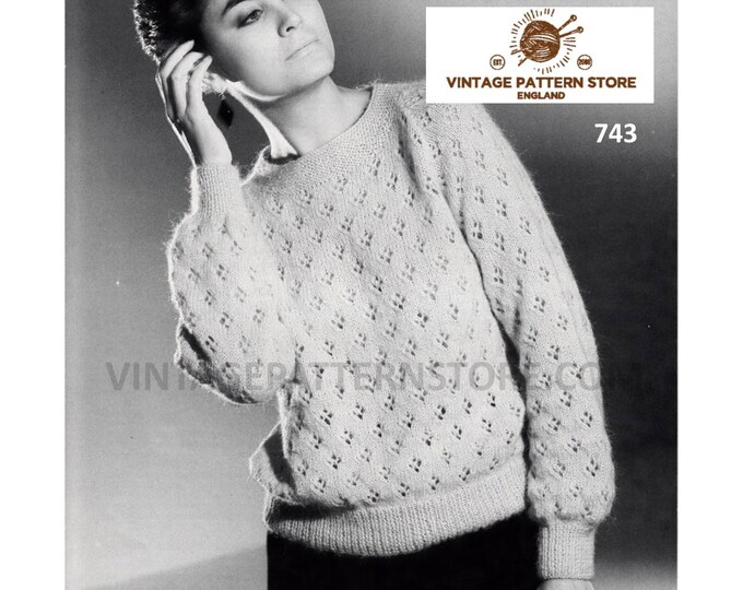 Ladies Womens 90s round neck eyelet lace lacy raglan DK sweater jumper pdf knitting pattern 30" to 42" chest Instant PDF download 743