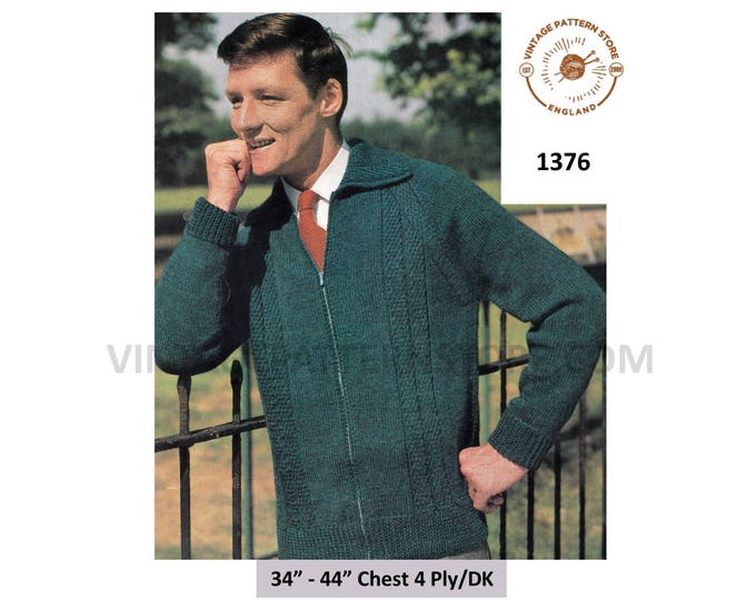 Mens Mans 60s vintage DK or 4 ply round neck collared texture panel zipped raglan jacket pdf knitting pattern 34" to 44" chest Download 1376