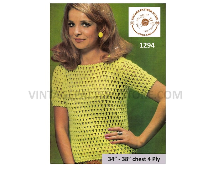 Womens Ladies 70s vintage 4 ply lacy picot round neck short sleeve summer top blouse sweater pdf crochet pattern 34" to 38" Download 1294