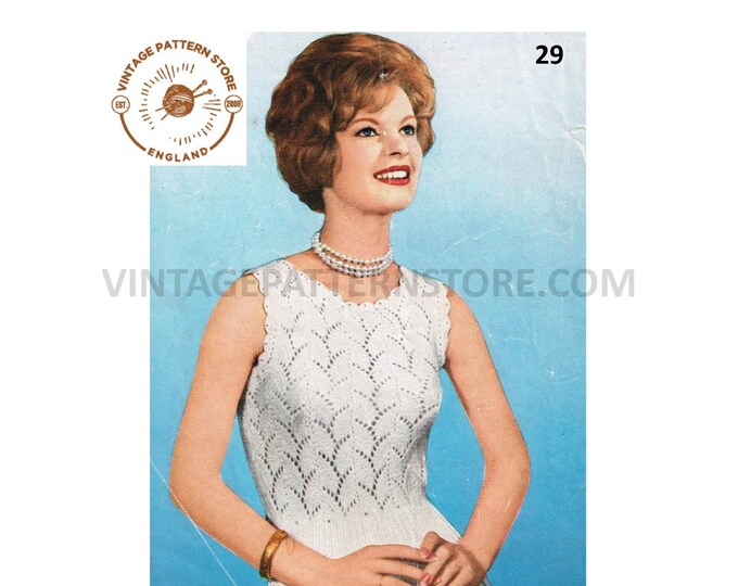 Ladies Womens 50s vintage DK eyelet lace sleeveless slipover sweater vest blouse pdf knitting pattern 34" to 36" Instant PDF Download 29