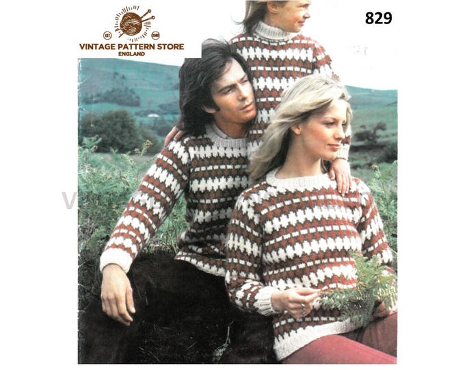 Ladies Womens Mens Boys Girls family round or turtleneck chunky knit fair isle raglan sweater pdf knitting pattern 26" to 43" download 829