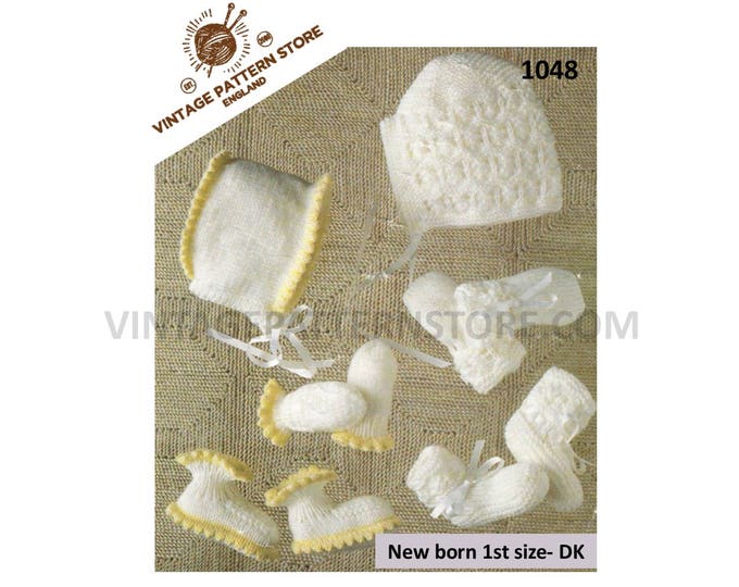Newborn Baby Babies DK picot lace lacy edged and cable cabled booties mittens & bonnet pdf knitting pattern 0 to 6 mths PDF Download 1048