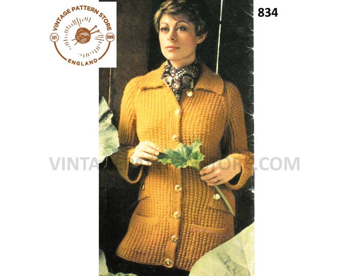 Ladies Womens 70s vintage chunky knit long line textured collared raglan cardigan jacket pdf knitting pattern 32" to 38" PDF download 834
